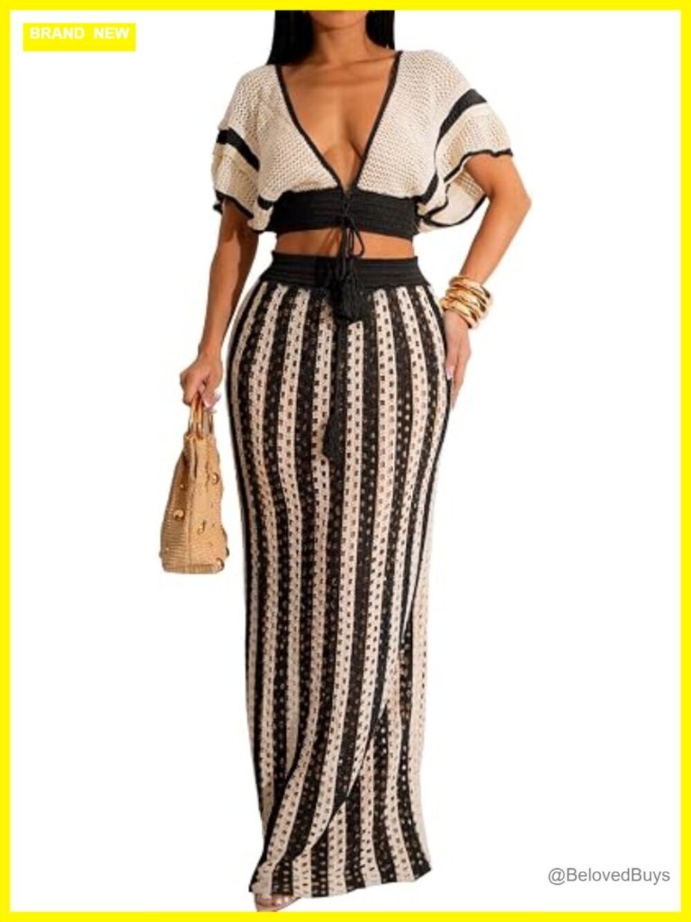 Crochet Crop Top and Striped Maxi Skirt Set Vacation Outfit